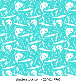 Cute sea animals seamless pattern. Whale and crocodile. White print on blue background. Vector illustration