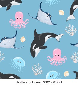 Cute sea animals seamless pattern. Vector cartoon illustrations of killer whale, jellyfish, octopus, stingray, corals and shells on blue background. Babies style.