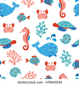 Cute sea animals seamless pattern in blue and pink colors. Vector background with children drawings of whale, turtle, sea horse and fishes. 