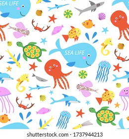 Cute sea animals seamless vector pattern with isolated marine creatures on white background. Sea life print illustration with whale octopus jellyfish dolphin shark and sea turtle