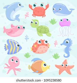 Cute sea animals set