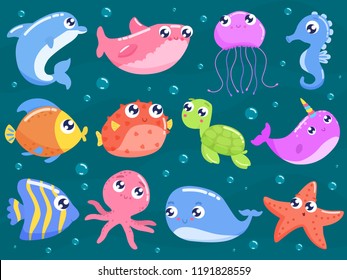 Cute sea animals set