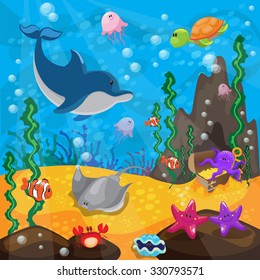 cute sea animals set