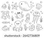 Cute sea animals set. Black and white doodles of whale, turtle, octopus, crab, jellyfish, seahorse, starfish, shell, fish. Vector for coloring book, kids education.