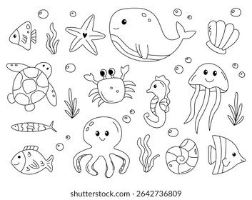 Cute sea animals set. Black and white doodles of whale, turtle, octopus, crab, jellyfish, seahorse, starfish, shell, fish. Vector for coloring book, kids education.