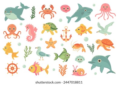 Cute sea animals set. Fish, wild marine animals and funny underwater creatures. Vector cartoon flat illustration. 