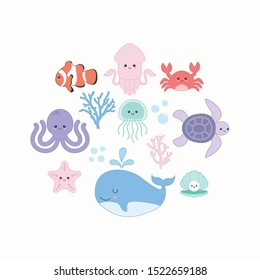 Cute sea animals set graphic design vector