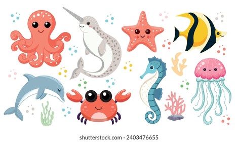 Cute sea animals, set of illustrations with aquatic inhabitants of the ocean, octopus and narwhal, starfish and yellow fish, dolphin and crab, seahors