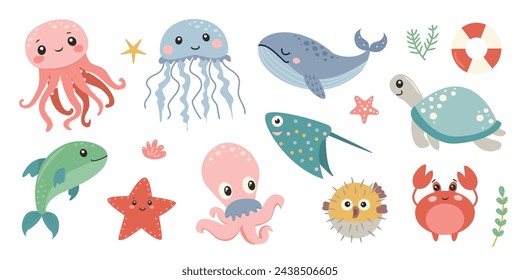 Cute sea animals set. Sea life collection. Vector illustration.