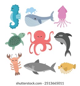Cute sea animals set. Sea life collection. Suitable for flat design graphic illustration, clip art, stickers, etc