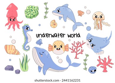 cute sea animals, set, on white background, fugu, whale, dolphin, cuttlefish, jellyfish. Underwater world.