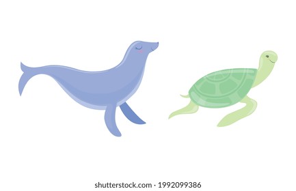 Cute Sea Animals Set, Seal and Turtle Cartoon Vector Illustration