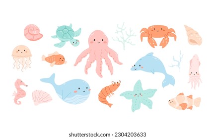 Cute sea animals set. Underwater creatures collection. Squid, octopus with pretty face, isolated seahorse, dolphin, cool shrimp, jellyfish, baby whale, turtle, fish, crab. Childish vector illustration