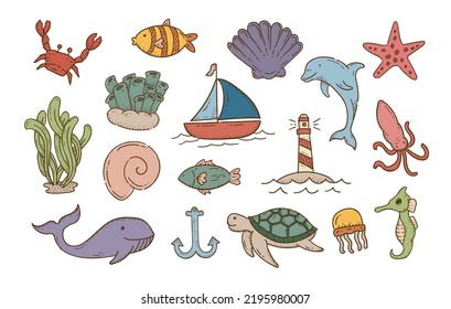 cute sea animals sets, doodle sketch, ocean life, vector hand drawn illustration.