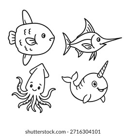 Animais marinhos bonitos com rostos sorridentes, incluindo peixes, lulas, espadarte e narvais. Contornos simples, estilo divertido, perfeito para crianças colorindo livros.