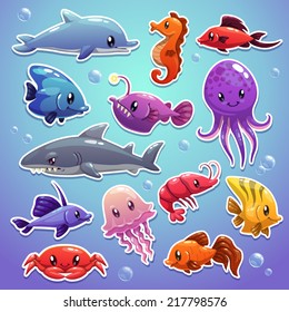 Cute sea animals, sticker illustrations