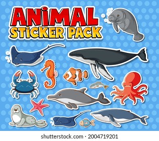 Cute sea animals sticker pack isolated illustration svg