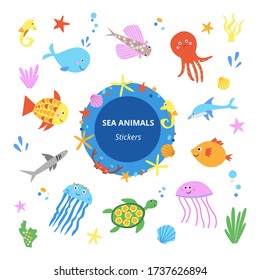Cute sea animals stickers collection vector illustration. Kawaii set of sea life creatures as whale jellyfish octopus seahorse sea turtle shark dolphin and coral reef elements