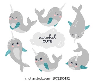 Cute sea animals stickers collection, baby whale set. Funny ocean narwhals with horn in grey pastel colors clip art, modern trendy vector illustration, flat cartoon style, isolated on white background