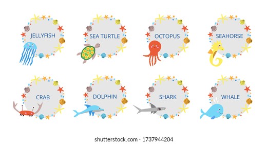 Cute sea animals stickers set vector illustration in cartoon style. Kawaii marine creatures in frames isolated on white background - whale octopus seahorse sea turtle dolphin shark jellyfish crab