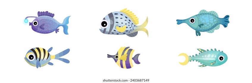 Cute Sea Animals and Underwater Creature with Fish Vector Set