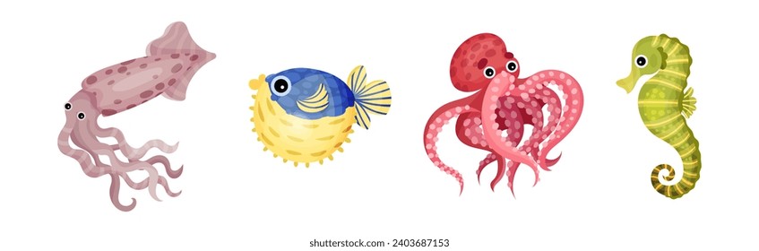 Animales marinos y criaturas submarinas con conjunto de vectores de pulpo, calamar y caballito de mar