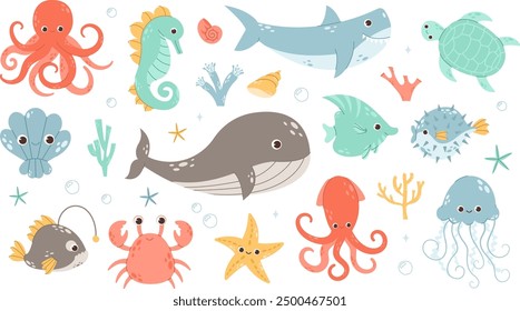 Cute sea animals, underwater creatures, fish, jellyfish, whale and octopus. Ocean aquatic animals, shark, turtle, crab vector symbols illustrations set. Underwater marine fauna