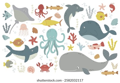 Cute sea animals, underwater creatures, fish, jellyfish, whales and octopuses. Vector set of cartoon sea life objects for your design. Hand drawn.