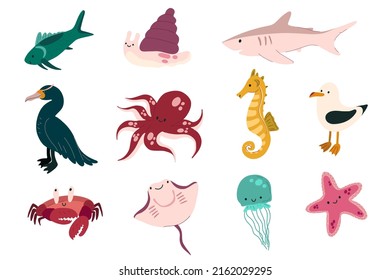 Cute sea animals, Underwater marine life. Children cartoon octopus, crab, albatross, cormorant, shark, fish, jellyfish, star fish, sea horse, stingray, snail. Vector illustration on a white background