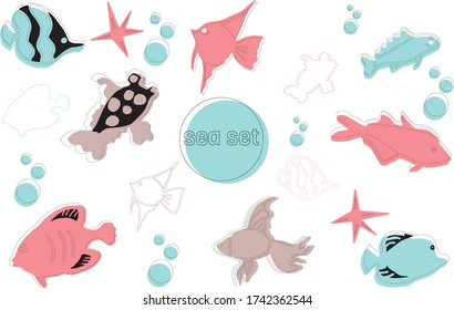 Cute sea animals underwater. Vector illustration set of collection sea creatures. Cute fish 