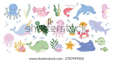Cute sea animals vector big set, kawaii marine life elements collection. Ocean creatures mega pack with whale shark octopus dolphin and turtle. Flat underwater clip art.