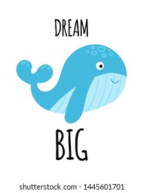 Cute sea animals vector card. Concept design posters with underwater creatures. Funny whale illustration with lettering. Childish print for nursery, kids apparel, postcard, room design