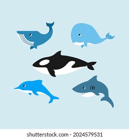 Cute sea animals vector cartoon illustration bundle, mammals sea animals, simple illustration