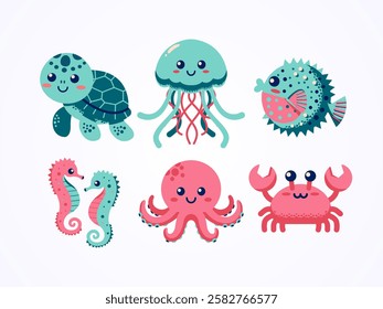 Cute sea animals, vector cartoon. Suitable for design elements