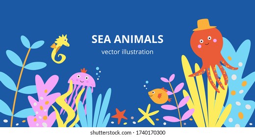 Cute sea animals vector illustration on navy blue background. Kawaii marine creatures swimming underwater on coral reef in seaweeds - octopus seahorse jellyfish and starfish