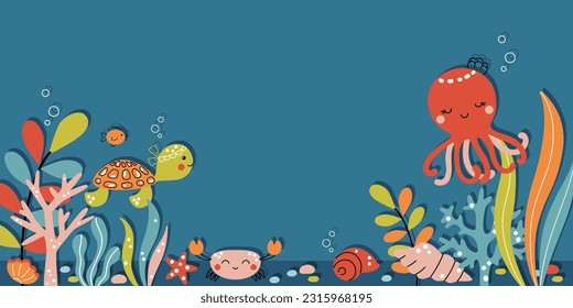 Frische Meerestiere, Vektorgrafik auf blauem Hintergrund. Kawaii Meereslebewesen, die in Seetang unter Wasser schwimmen - Tintenfisch, Meeresschildkröte, Krabbe, Fisch