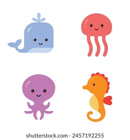 Cute sea animals vector illustration set. Marine world inhabitants, colorful underwater creatures: Whale, Jellyfish, Octopus, Seahorse. Flat style funny cartoon design isolated on white background.