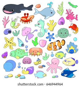 Cute sea animals vector illustration. Marine animals, tropical fish, corals and shells. Nautical stickers with lovely sea characters. Tropical sea inhabitants nursery art. Lovely dolphin, shark, whale