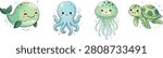 Cute Sea Animals Vector Set with Whale, Octopus, Jellyfish, and Turtle in Green Blue Colors for Kids Ocean Designs
