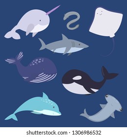 Cute sea animals vector set. Marine life collection
