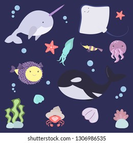 Cute sea animals vector set. Marine life collection