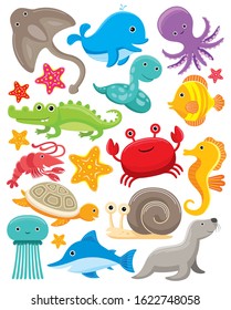 Cute sea animals vector set. Under the sea animals clipart, sea creatures clipart vector illustration.