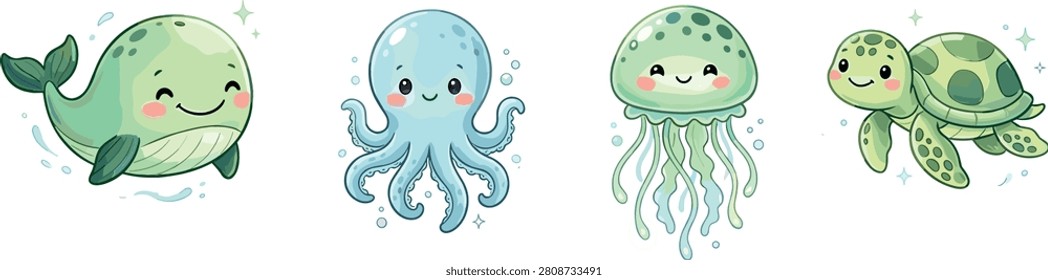 Cute Sea Animals Vector Set with Whale, Octopus, Jellyfish, and Turtle in Green Blue Colors for Kids Ocean Designs
