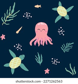 Cute sea background with an octopus, and turtles. Blue pattern illustration of ocean animals for children. Sea theme wallpaper for decoration with fish, seaweed, starfish and bubbles.