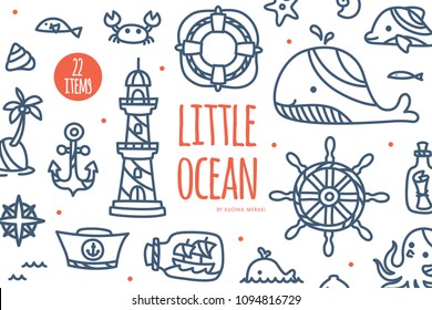 Cute Sea And Beach Nautical Elements. Perfect For Summer Party, Kids Birthday Party / Nursery Room Decor, Baby Shower, Invitation, Branding, Logo, Wall Art Etc.