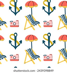 Cute sea beach seamless pattern with summer elements. Vector illustration of beach chair and anchor, camera and umbrella background. Can use for kids wallpaper, cover design, cards. 