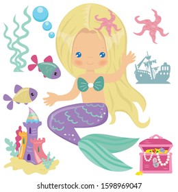 Cute sea blonde mermaid vector cartoon illustration 