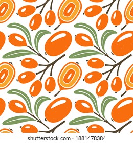 Cute sea buckthorn seamless pattern. Bright sea buckthorn berries, twigs and leaves isolated on white background. Vector shabby hand drawn illustration