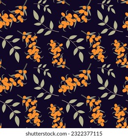 Cute sea buckthorn seamless pattern. Bright sea buckthorn berries, twigs and leaves isolated on dark background. Vector shabby hand drawn illustration