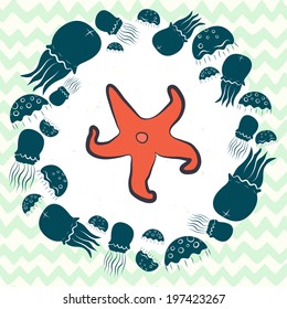 Cute sea card template with frame made of different doodle jellyfish on hand drawn geometrical chevron seamless background.